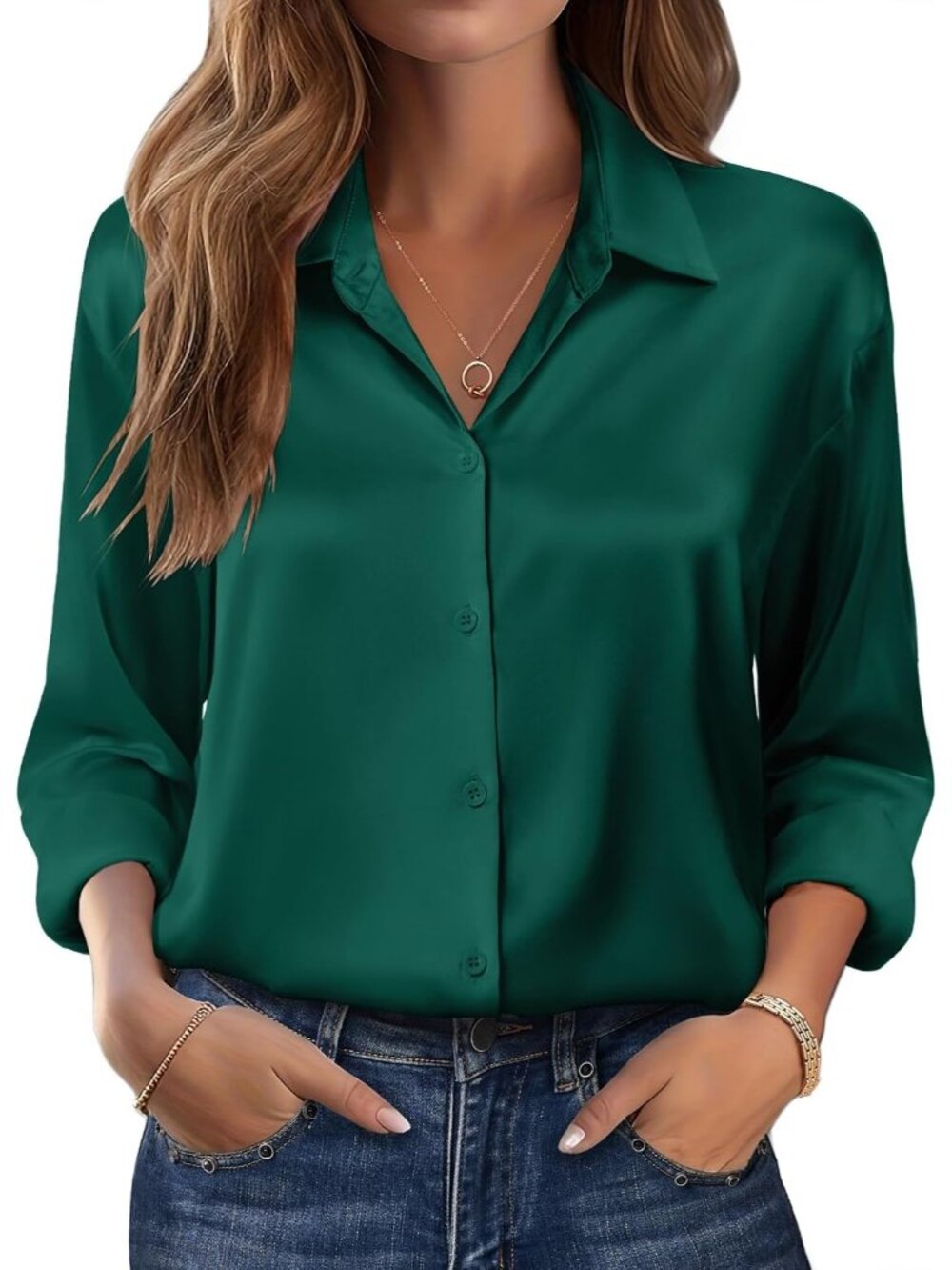 Women's Dark Green Long Sleeve Satin Silk Button Down Casual Blouses Top T-Shirt